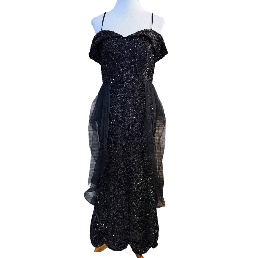 Unbranded Sequin Tulle Overskirt Gown Womens L Black Gothic Prom Mermaid Dress